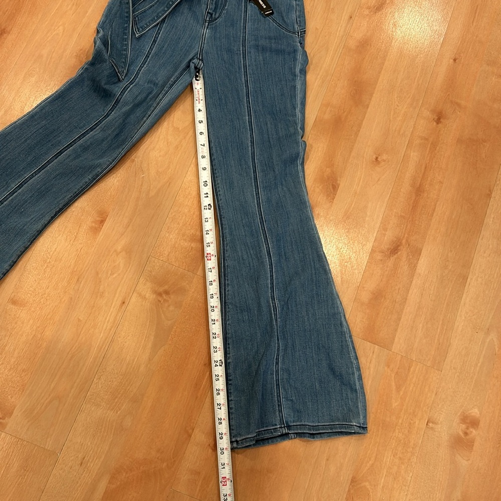 Express women’s Bell Flare Jeans Size OS Super High Rise Tie Waist Stretch Blue - Picture 4 of 8